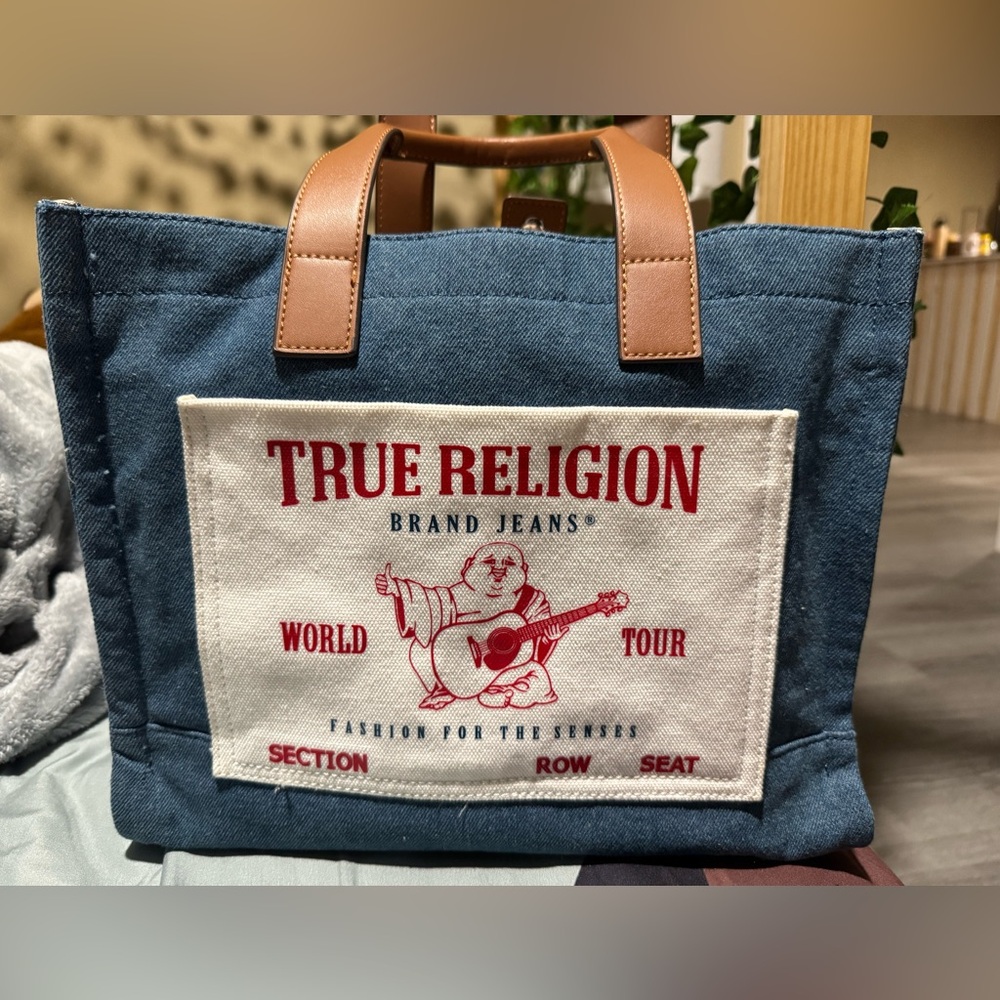 True Religion Denim Blue and Tan Messenger Bag